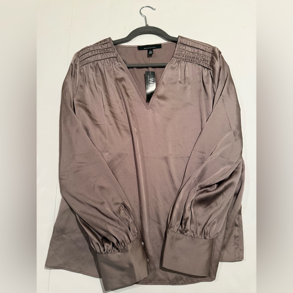 NWT White House Black Market Mauve-Taupe V-Neck Smocked-Yoke Blouse